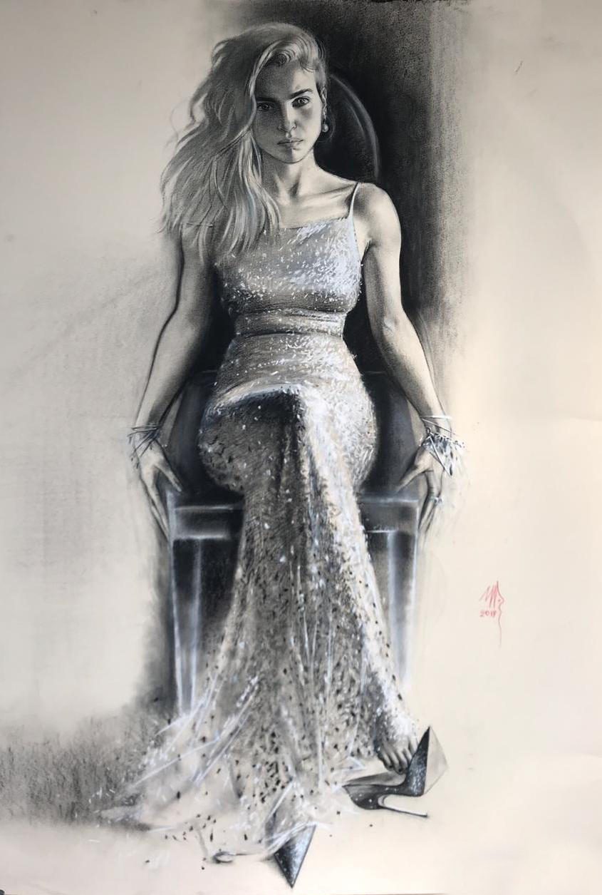 ПОРТРЕТ АКТРИСЫ Ю.МЕЛЬНИКОВОЙ, Бумага/уголь, 100 × 70 см, 2019, художник Наталья Дикунова