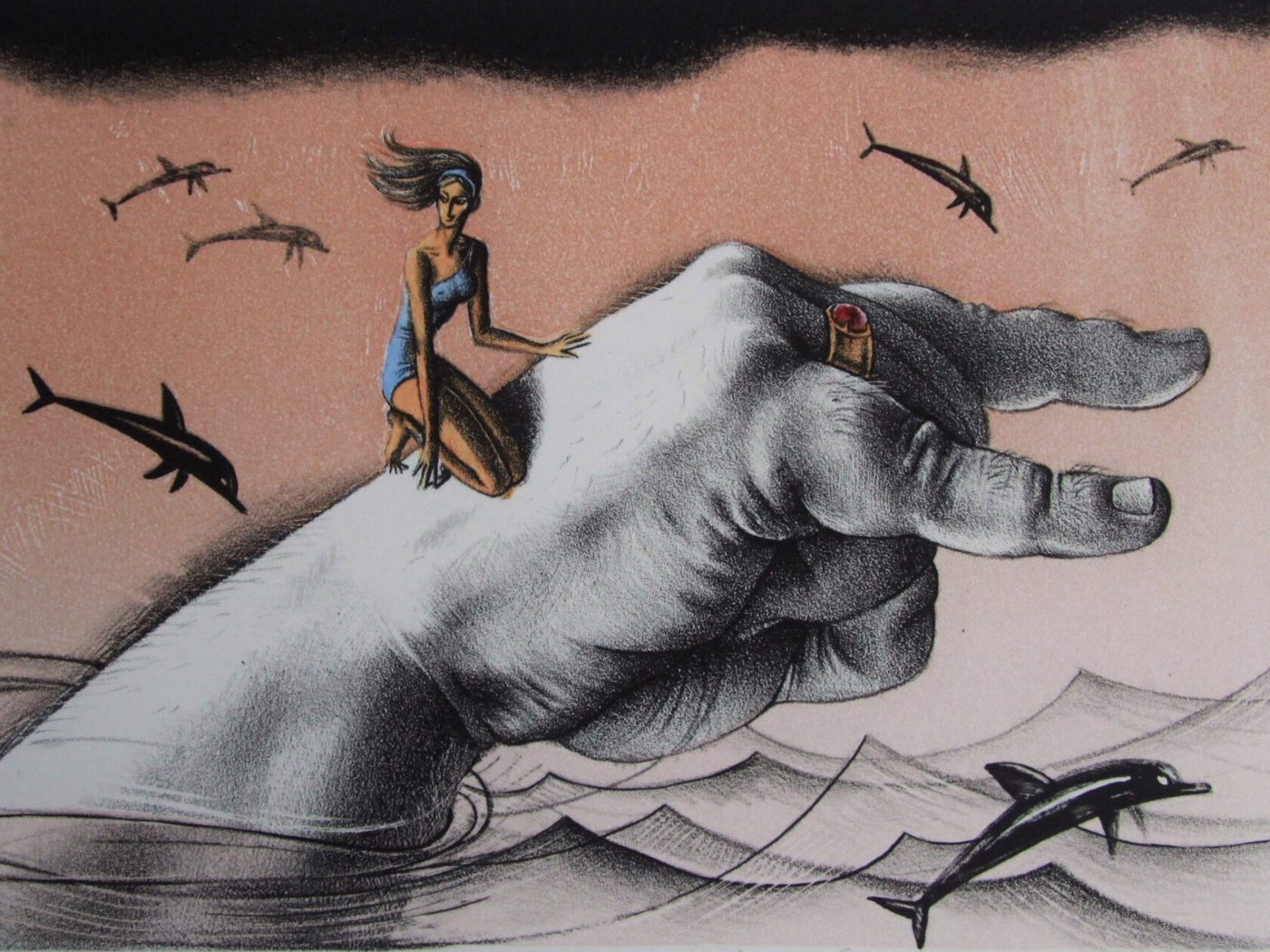 ПОХИЩЕНИЕ ЕВРОПЫ, цветная литография, 20 × 15 см, 2021, художник Наталья Дикунова