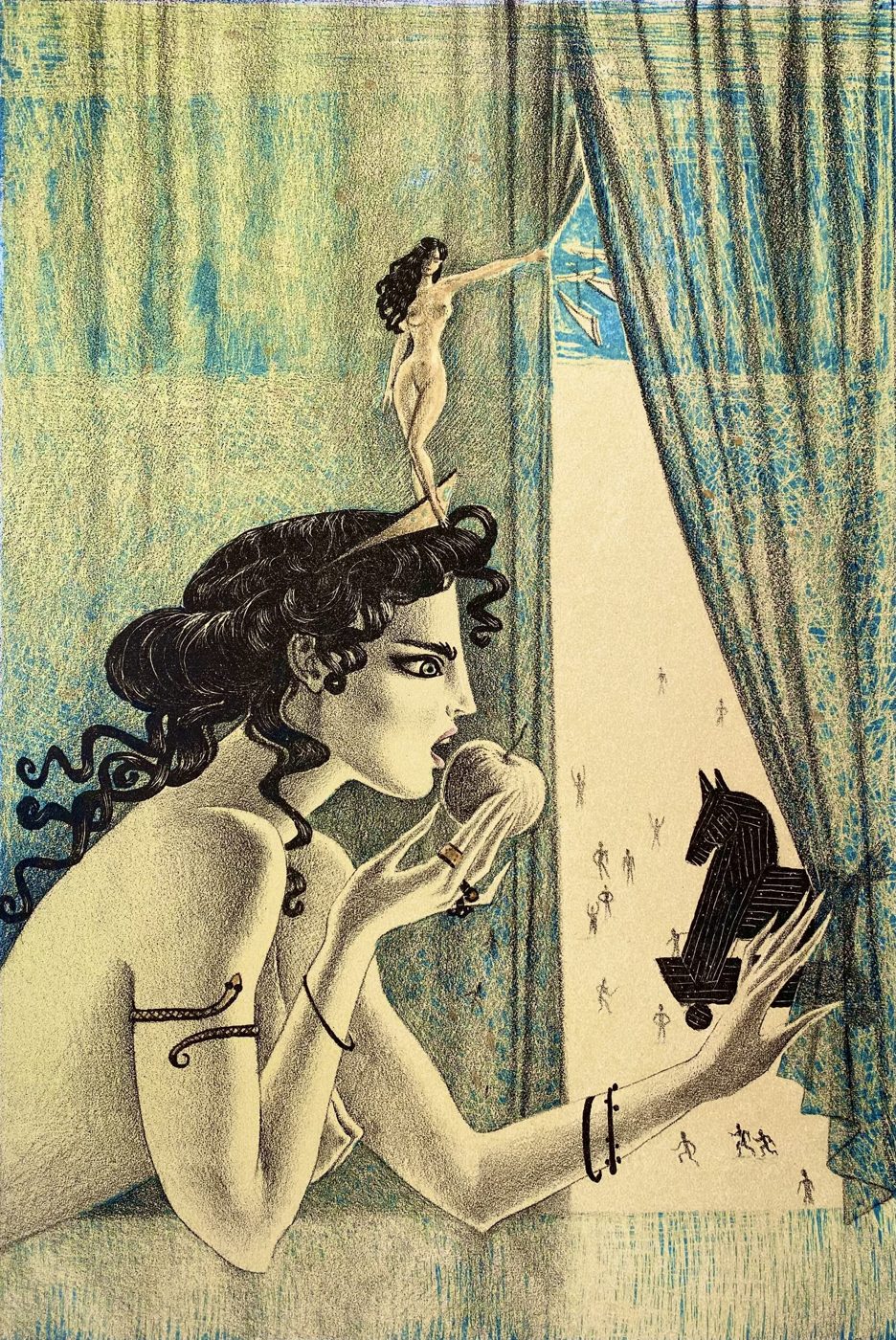 «ЕЛЕНА» из серии «женщины античного мифа», Литография/акварель, 30 × 20 см, 2021, художник Наталья Дикунова