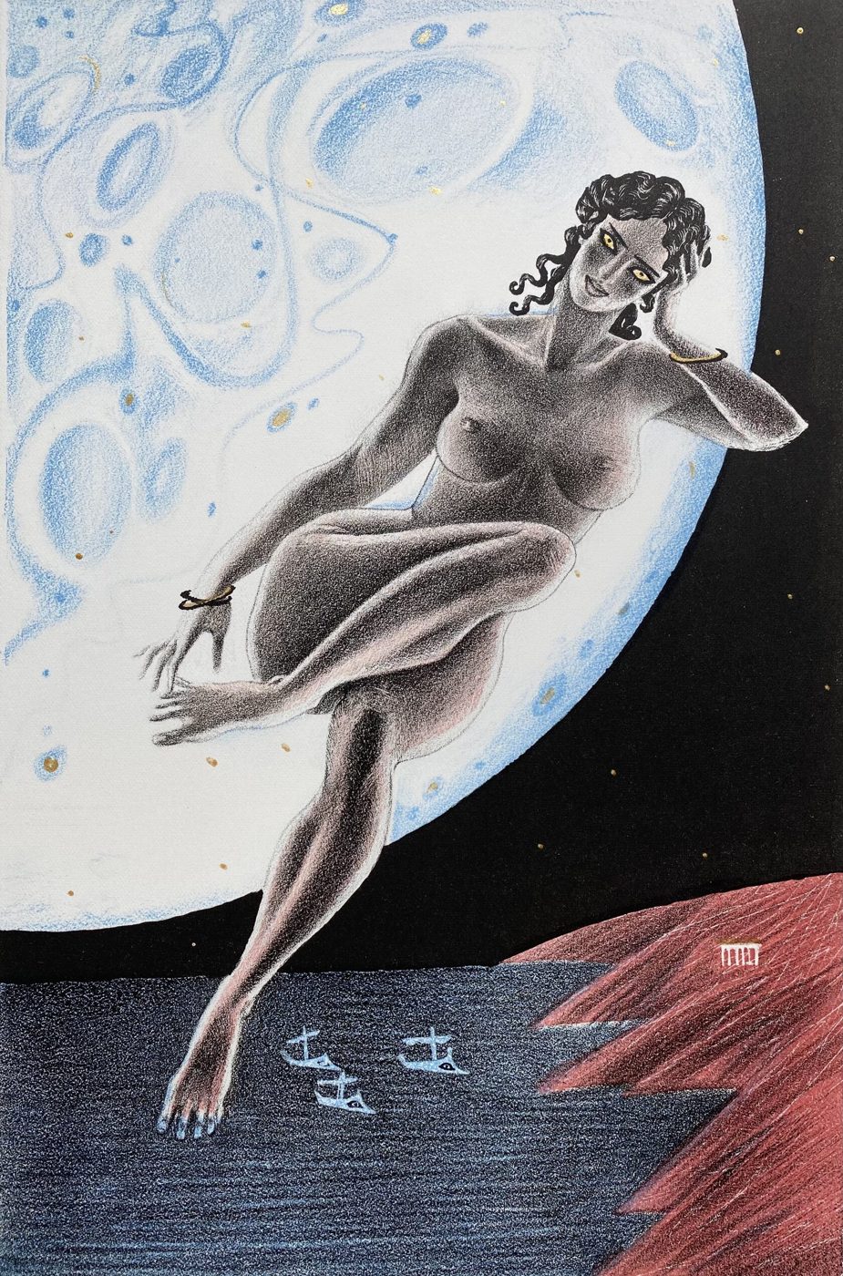 «СЕЛЕНА» из серии « женщины античного мифа», Литография/акварель, 30 × 20 см, 2021, художник Наталья Дикунова
