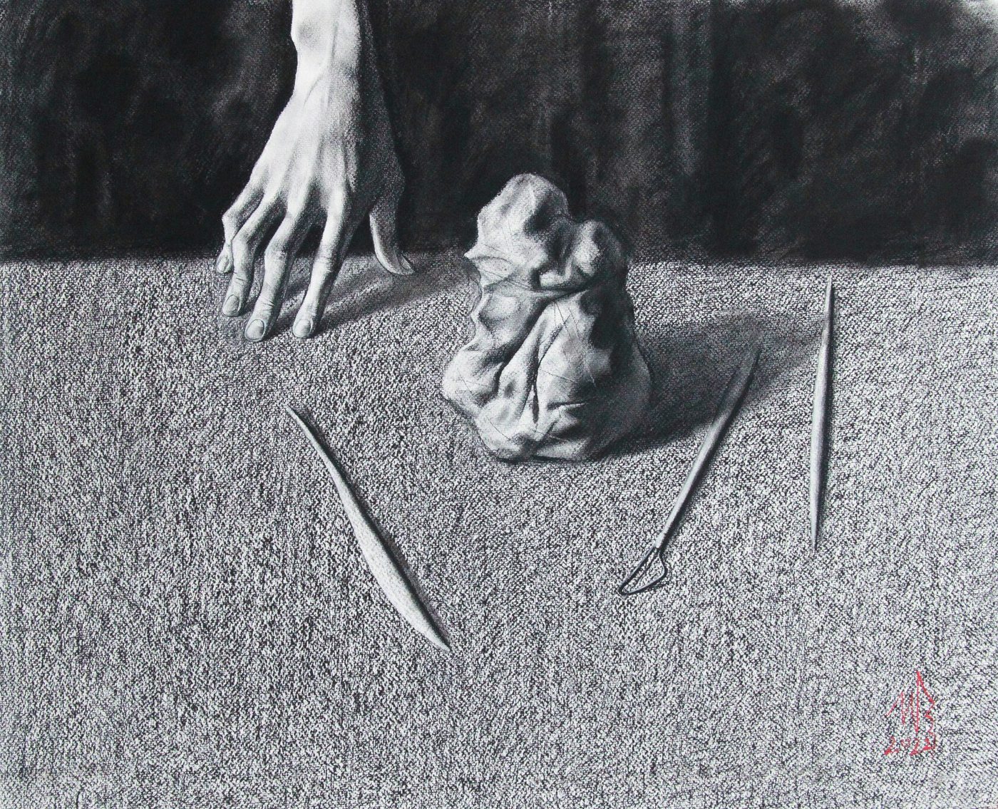 РУКА СКУЛЬПТОРА, Бумага/уголь, 60 × 40 см, 2022, художник Наталья Дикунова